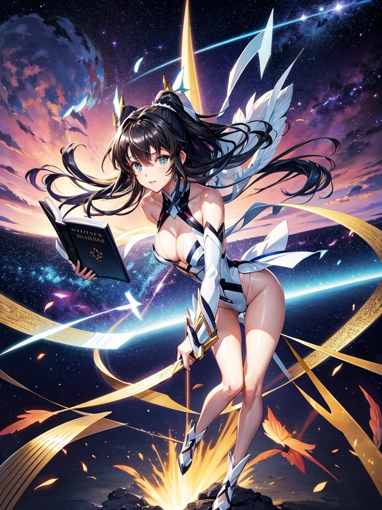 Highest quality,Highest Resolution,A beautiful girl in a metallic high-leg outfit, like Tsubasa Kazanari from Symphogear,Earth Behind,universe,Milky Way,Black Hair,Sword1I have a book,