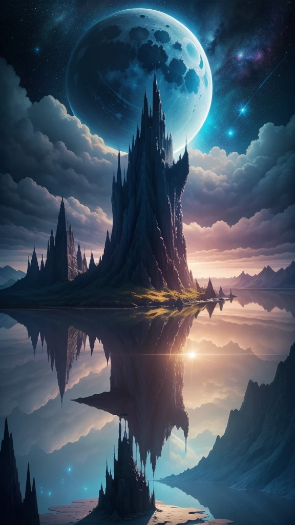 Lake view with moon and stars in the sky, Magnificent background, impressive fantasy landscape, alien breathtaking landscape, Beautiful alien landscape, Fantasy space, in the astral plane ) ) ), beautiful space, stunning alien landscape, magical scenery, detailed dreamscape, fantasy planet, very beautiful fantasy art, Art fantastique grand angle, beautiful detailed fantasy, breathtaking fantasy art