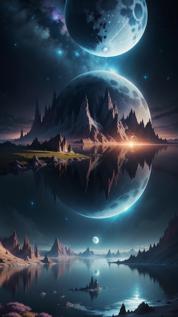 Lake view with moon and stars in the sky, Magnificent background, impressive fantasy landscape, alien breathtaking landscape, Beautiful alien landscape, Fantasy space, in the astral plane ) ) ), beautiful space, stunning alien landscape, magical scenery, detailed dreamscape, fantasy planet, very beautiful fantasy art, Art fantastique grand angle, beautiful detailed fantasy, breathtaking fantasy art