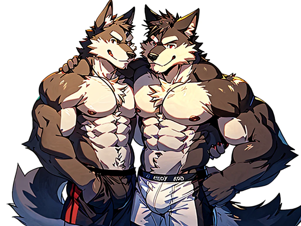 front view, white background, open arms, hug, Furry, wolf, male, muscular, muscles, thick eyebrows, shirtless, wearing boxer briefs, look at viewer, blushing, shy, smiling, happy