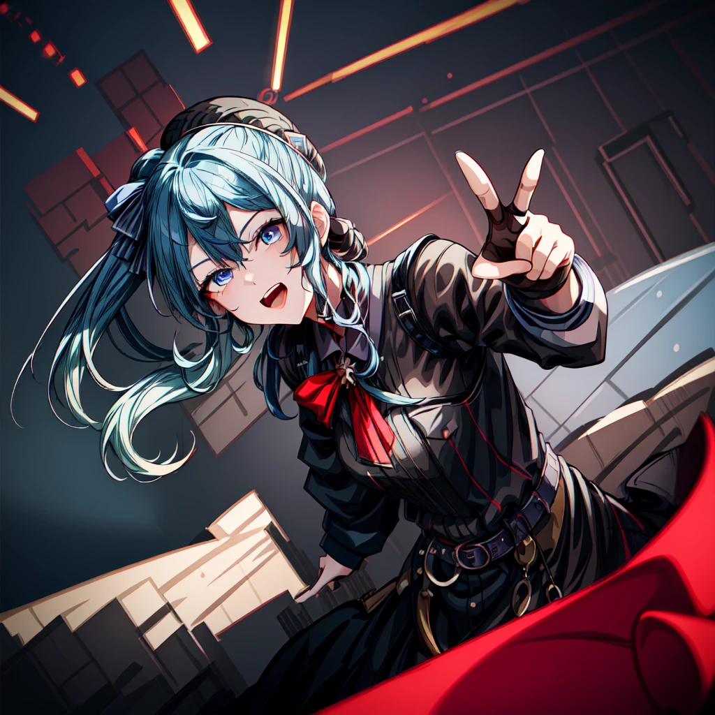 1girl, perfect body curve, beautiful sky blue eyes, long blue ponytail hair with red streaks, crazy smile, crazy expression, hand v pose in mouth, perfect nose, perfect angle, perfect lighting, blood on face and clothes, casual clothes, bandaged hand, masterpiece, hyper detailed, photorealistic, 8k, ultra-realistic, cinematic lighting, dramatic colors, surreal, dark fantasy, moody atmosphere