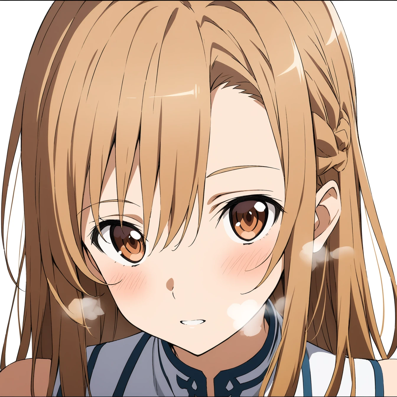 1 girl, Asuna, Sword Art Online,alone, viewer, pure white background, blush, brown eyes,eyes glow, breathing, avatar, half body, comic style colorless, angle, masterpiece, best quality, 