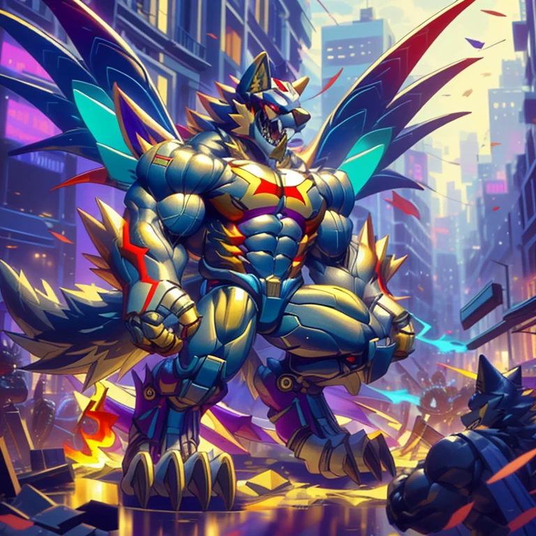 (masterpiece. official art. 8k. best quality. detailed full body. full body.)

(situation 1 : dominating The Phoenix Wolf. The Phoenix Wolf is over 1000 meters long. focus GIANT mechanical Muscular The Phoenix Wolf is trampling the car. Looking down.)

(situation 2 :smoke and flames rising from the destruction in the city)

(Additional details 1: Wearing GOLDEN Armor. Cape. Helmet. real texture material. whole body shines like metal. emphasizes the muscles. suit fully made of metal.Robotic suit).

(Additional details 1.5: The arms are golden. The lower half of the body is golden. The wolf-shaped helmet has sharp fangs. The whole body is golden.).

(Additional details 2: Detailed head. Detailed Body. Detailed abs. gigantic muscles. HYPER MUSCLES. Gigachad Muscular. big muscle. pecs. triceps. traps. unusually developed muscular body. body full of huge muscles. showing off muscles. pectorales enormes. Exaggeratedly huge muscles. huge muscles. long legs.).

(Additional details 3: nj5furry, Spread wings. It has wings. The claws are sharp. Sharp teeth.). He is laughing defiantly. The claws are sharp. Sharp teeth.). He is laughing defiantly.