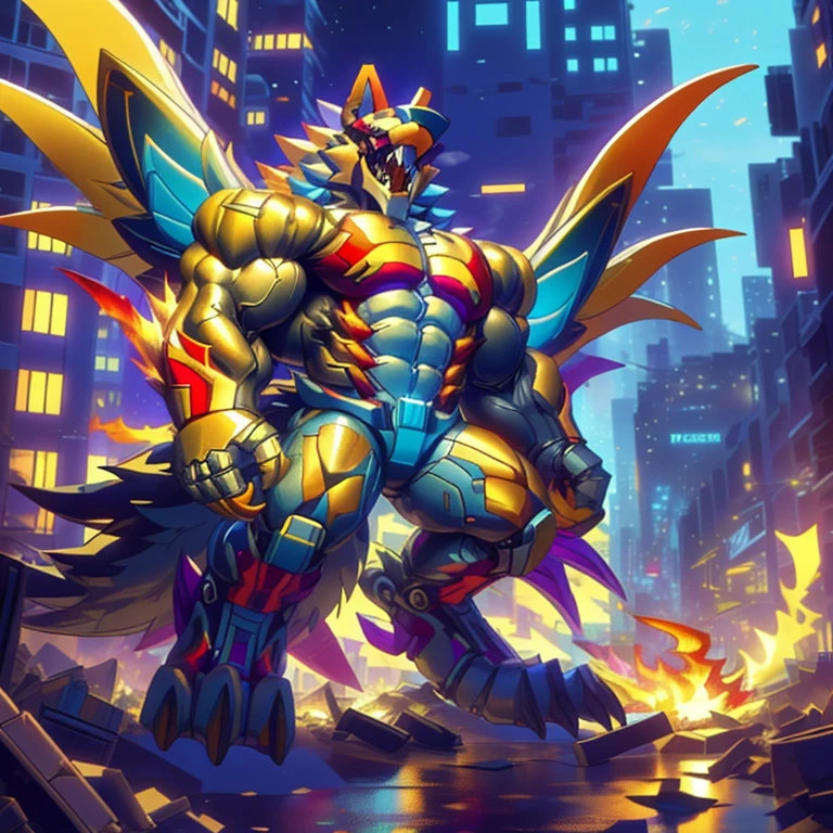 (masterpiece. official art. 8k. best quality. detailed full body. full body.)

(situation 1 : dominating The Phoenix Wolf. The Phoenix Wolf is over 1000 meters long. focus GIANT mechanical Muscular The Phoenix Wolf is trampling the car. Looking down.)

(situation 2 :smoke and flames rising from the destruction in the city)

(Additional details 1: Wearing GOLDEN Armor. Cape. Helmet. real texture material. whole body shines like metal. emphasizes the muscles. suit fully made of metal.Robotic suit).

(Additional details 1.5: The arms are golden. The lower half of the body is golden. The wolf-shaped helmet has sharp fangs. The whole body is golden.).

(Additional details 2: Detailed head. Detailed Body. Detailed abs. gigantic muscles. HYPER MUSCLES. Gigachad Muscular. big muscle. pecs. triceps. traps. unusually developed muscular body. body full of huge muscles. showing off muscles. pectorales enormes. Exaggeratedly huge muscles. huge muscles. long legs.).

(Additional details 3: nj5furry, Spread wings. It has wings. The claws are sharp. Sharp teeth.). He is laughing defiantly. The claws are sharp. Sharp teeth.). He is laughing defiantly.