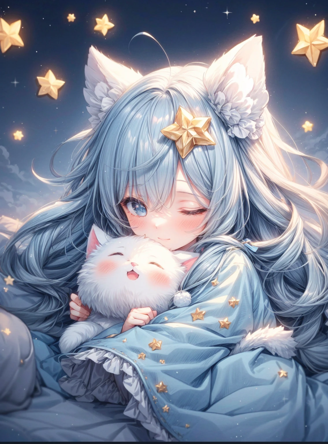masterpiece, best quality, extremely detailed, (illustration, official art:1.1), 1 girl ,(((( light blue long hair)))), ,(((( light blue long hair)))),light blue hair,loli, long hair ((blush)) , cute face, , masterpiece, best quality,(((((a very delicate and beautiful girl))))),Amazing,beautiful detailed eyes,blunt bangs((((little delicate girl)))),tareme(true beautiful:1.2), sense of depth,dynamic angle,,,, affectionate smile, (true beautiful:1.2),,(tiny 1girl model:1.2),)(flat chest), complex background, wishing star background, a magical scene with shining stars and dreamlike elements, conveying the idea that the magic of Christmas awakens sleeping dreams. Make sure the elements give a dreamy feel. in bed, There are a lot of pillows, dreamy, comfortable, night time, crescent moon, Quiet nights,Comfortable beds,Cosy bedroom,Serene expression,Lightweight dressing gown,gentlesoftlighting,dreamlike scenes,Cloud-like pillows,Starry curtain, portrait、 ☁🌙, ,Embryo,Sleep comfortably, Sleeping Cute Girl,nightcore, Anime girl sleeping with cat in clouds with stars,