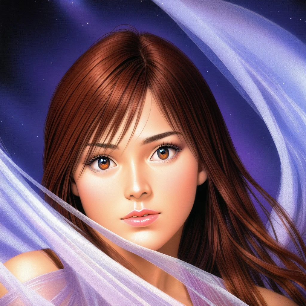(best quality, 8k, masterpiece, highres, ultra-detailed), photorealistic, portrait, young woman, long flowing auburn hair, flowing silk gown, dreamy forest setting, soft lighting, cinematic style, ethereal, romantic, gentle, natural beauty, detailed eyes, beautiful detailed lips, extremely detailed eyes and face, long eyelashes.