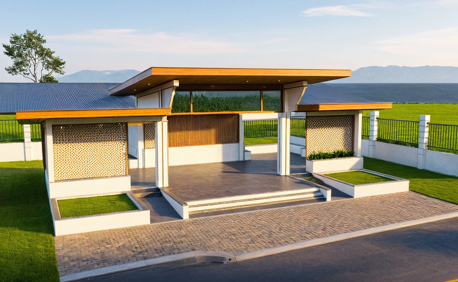 Masterpiece, high quality, best quality, authentic, super detail, outdoors, huts, white wall, road, field landscape, pavement, grass, trees, blue sky, sunset, (day:1.1), spring lighting