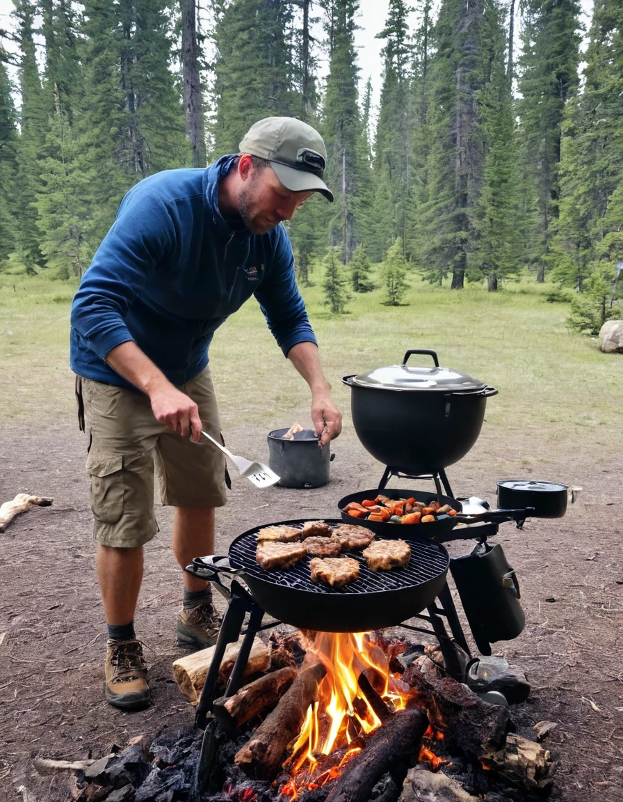 there are many different pictures of a person cooking food on the grill camping, food. craft and adventure, cooking it up, camp, campsites, by Joe Bowler, ((oversaturated)), adventuring, beautiful setting, !!beautiful!!, by Stephen Greene