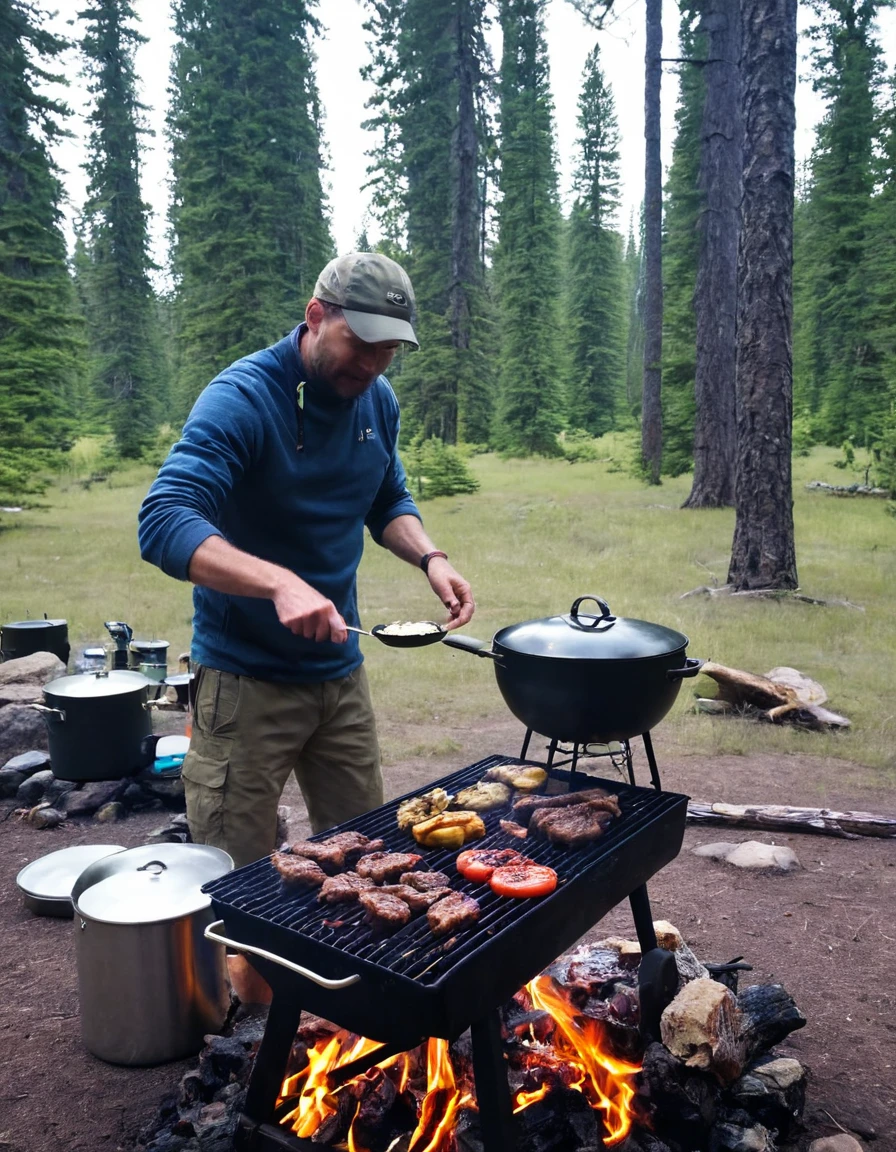 there are many different pictures of a person cooking food on the grill  camping, food. craft and adventure, cooking it up, camp, campsites, by Joe Bowler, ((oversaturated)), adventuring, beautiful setting, !!beautiful!!, by Stephen Greene