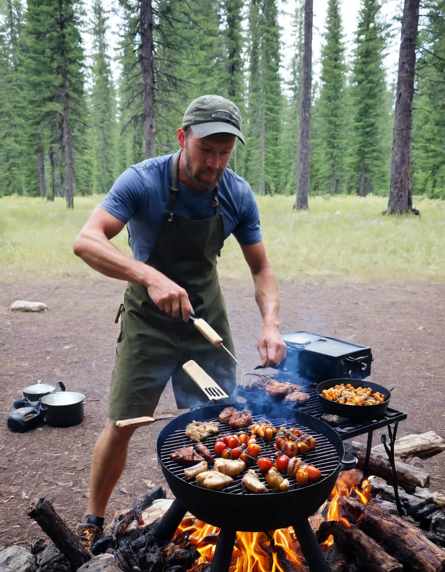 there are many different pictures of a person cooking food on the grill camping, food. craft and adventure, cooking it up, camp, campsites, by Joe Bowler, ((oversaturated)), adventuring, beautiful setting, !!beautiful!!, by Stephen Greene