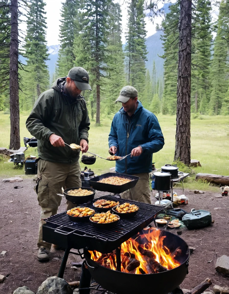 there are many different pictures of a person cooking food on the grill camping, food. craft and adventure, cooking it up, camp, campsites, by Joe Bowler, ((oversaturated)), adventuring, beautiful setting, !!beautiful!!, by Stephen Greene
