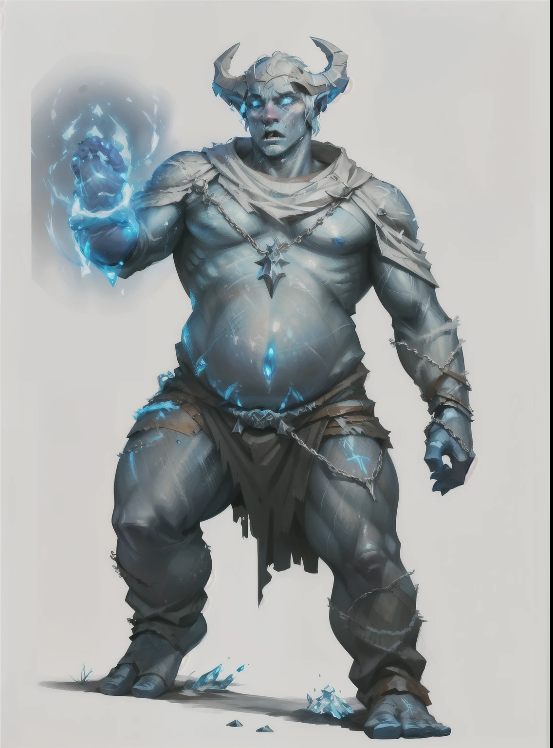 
I want a character with a white background, png,Full body image, a Glacinata, blue skin, horned helmet, and chains on the feet, creature composed of ice and flesh, big feet and gigantic physiognomy, frozen cloth clothes and face of scared.