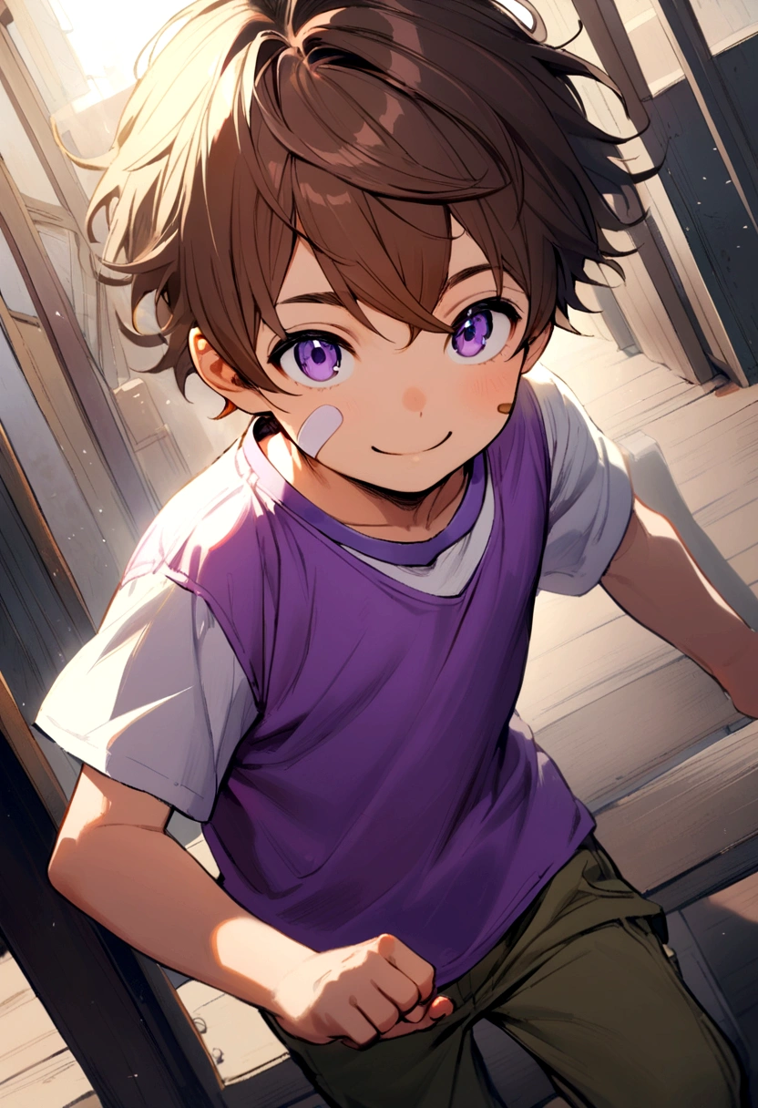 6 boy, brown hair, purple eyes, band aid on face, purple tank top, white t-shirt inside, smiling.\