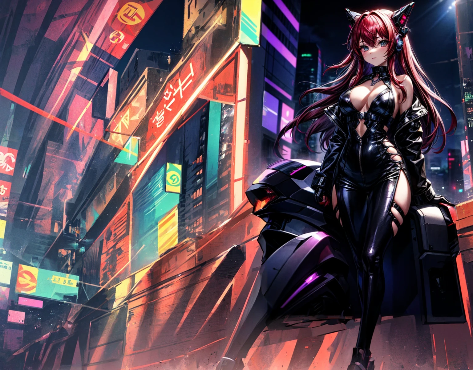 Anime girl in black cat costume sitting on a motorcycle in the city, female cyberpunk anime girl, cyberpunk anime girl, cyberpunk oppai, seductive anime girl, cyberpunk anime girl mech, anime rudo 8k, anime ciberpunk art, cyberpunk anime art, digital cyberpunk anime art, cyberpunk girl, anime ciberpunk, digital cyberpunk - anime art, modern cyberpunk anime, cyberpunk anime girl in hoodie cyberpunkcity speedlights she waiting for the next race