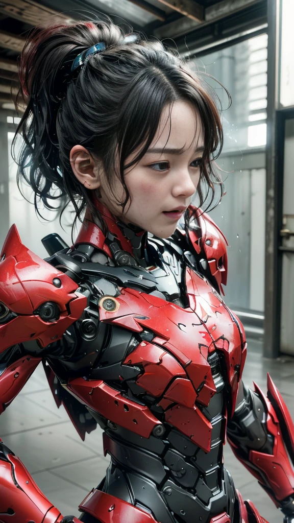 Rough skin, Very detailed, Advanced Details, high quality, 最high quality, High resolution, 1080P 、、Red Armor、Wearing red and black、cute((During a break))(破損したwoman用ロボットスーツを着用...)(Red Armor)(Broken Armor)Black Hair、、Soaking wet、Soaked Face　　Beautiful Face、Hot look　knock down、よだれing from the mouth、woman　(Steam coming out of the face) ((Steam from the body)) 　Filming locations　I can see the vagina　Release Schedule　look up　Remove headgear　