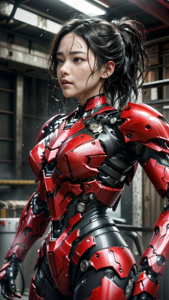 Rough skin, Very detailed, Advanced Details, high quality, 最high quality, High resolution, 1080P 、、Red Armor、Wearing red and black、cute((During a break))(破損したwoman用ロボットスーツを着用...)(Red Armor)(Broken Armor)Black Hair、、Soaking wet、Soaked Face　　Beautiful Face、Hot look　knock down、よだれing from the mouth、woman　(Steam coming out of the face) ((Steam from the body)) 　Filming locations　I can see the vagina　Release Schedule　look up　Remove headgear　