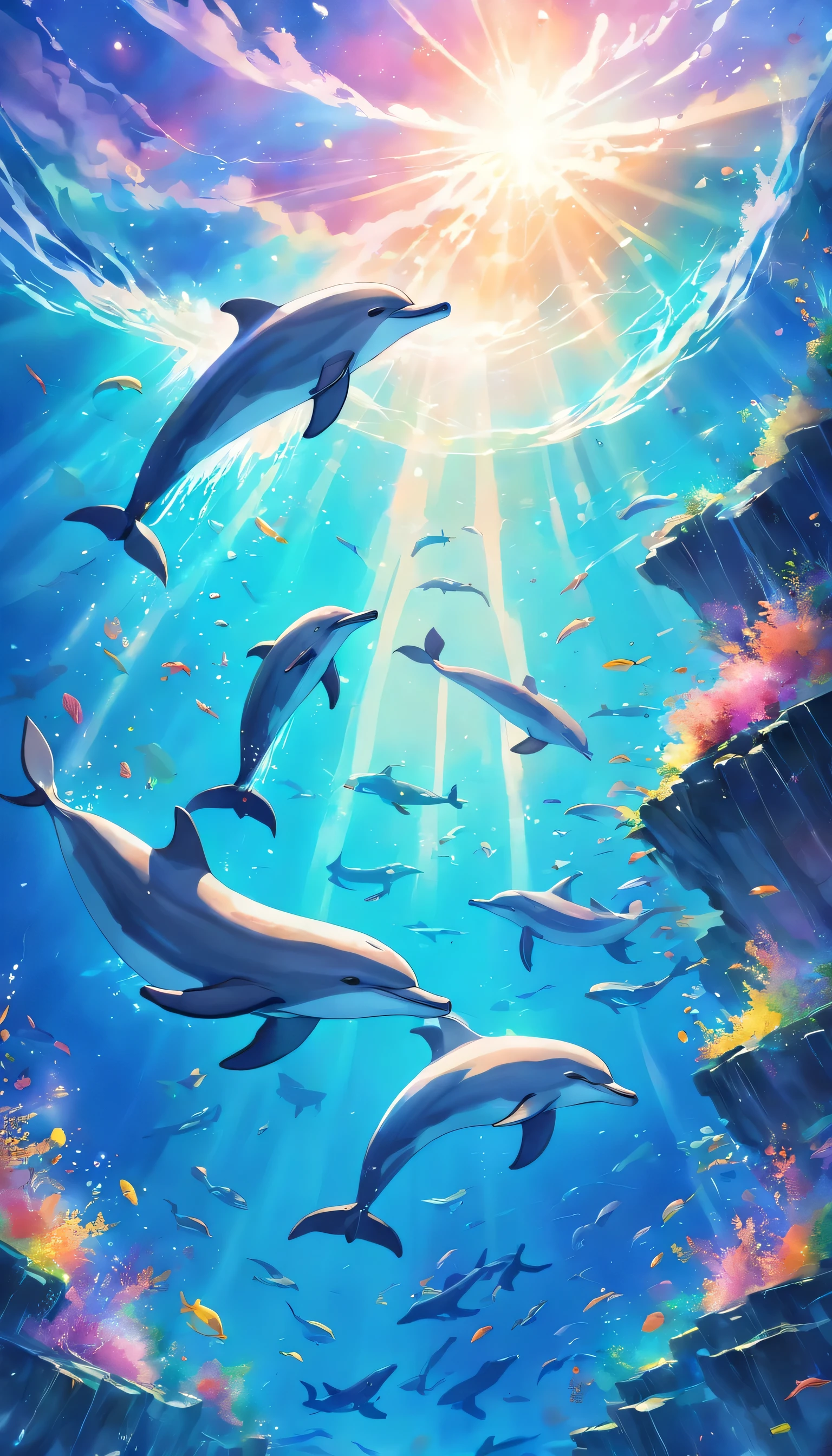 Drawing of dolphins swimming in colorful sea, Look up at the composition, Jellyfish and whales from the sky, inspired by Cyril Rolando, a beautiful artwork illustration, Authors：Sitao, colorful concept art, Makoto Shinkai Siriro Roland, in style of cyril rolando, flying whales, highly detailed water colour 8k, highly detailed watercolor 8 K，octans，sona，Realistic，8K，Shinkai Makoto style( Reasonable design, ligne claire, High sharpness,Best Quality, Very detailed, Master Parts, Movie Light Effects, 4K )