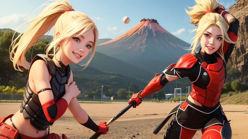A beautiful female warrior is having fun playing baseball on a volcano。Sexy smile、Blonde ponytail、armor