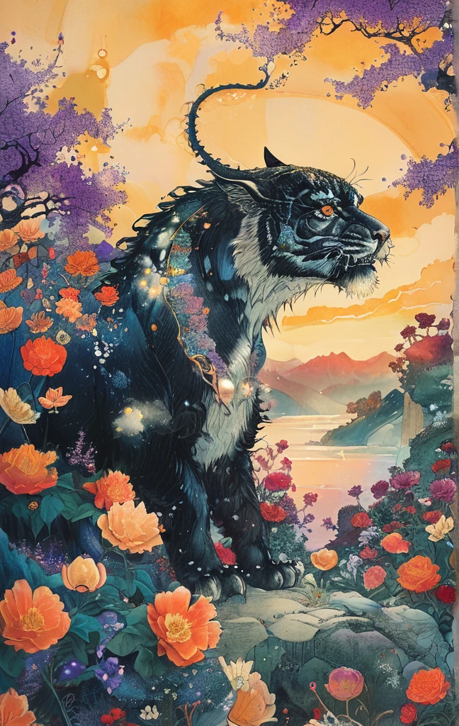 A white dragon lies in the middle of an endless field full of purple flowers, surrounded by snow-capped mountains and a blue sky sparkling with golden sunset rays. The whole scene is filled with a dreamy atmosphere, with vibrant colors and detailed background elements rendered in high resolution and detailed in a top quality illustration style. A girl with black hair and white eyes, dressed in dark , stands next to an anthropomorphic tiger, both looking at the camera. The background is adorned with intricate patterns of flowers and leaves., with a black color scheme, taken from a low angle shot, with high resolution and high detail, a masterpiece