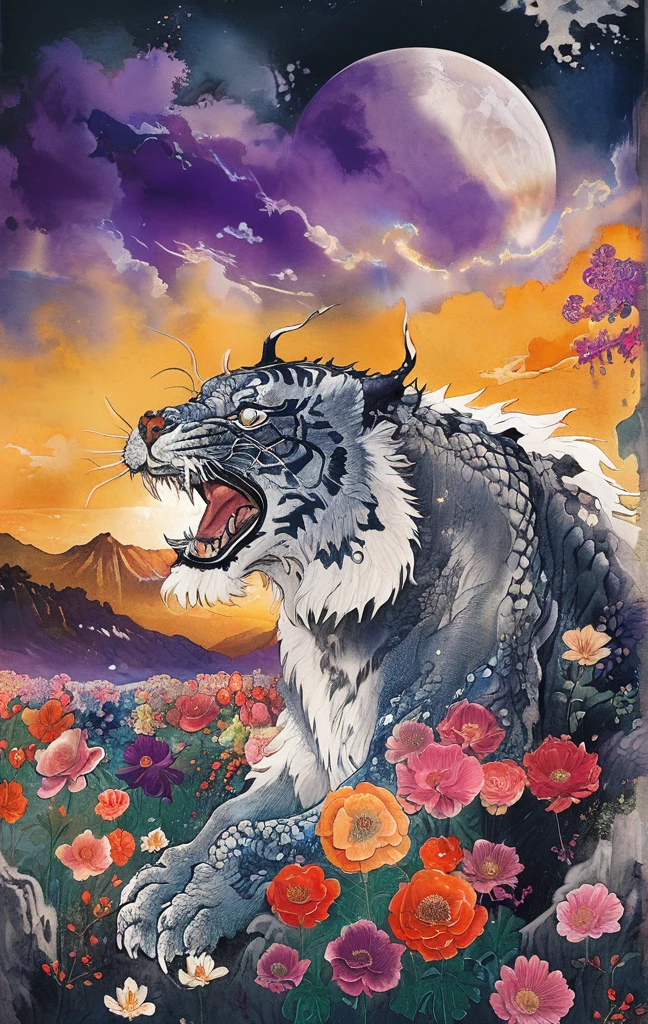 A white dragon lies in the middle of an endless field full of purple flowers, surrounded by snow-capped mountains and a blue sky sparkling with golden sunset rays. The whole scene is filled with a dreamy atmosphere, with vibrant colors and detailed background elements rendered in high resolution and detailed in a top quality illustration style. A girl with black hair and white eyes, dressed in dark , stands next to an anthropomorphic tiger, both looking at the camera. The background is adorned with intricate patterns of flowers and leaves., with a black color scheme, taken from a low angle shot, with high resolution and high detail, a masterpiece