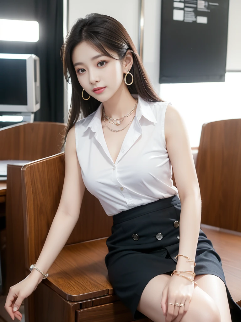 (((Practical photography))),, portrait,Upper body, Korean，(Mature:1.3),, 1 girl，beautiful girl, arrogant,Sit in a large class chair , (necklace，earrings，bracelet:1.1), Sleeveless shirt，Button-down shirt and hip skirt,mini skirt , (cleveage:0.3),, In the CEO&#39;s office, (Environmental details:1.3),, (original photo, CG Unity, photography, ultra Practical details, Clear focus, Delicate skin,4K, high resolution, masterpiece, best quality, Practical, Full of energy:1.2),, (8K,4K, Ultra-high quality, high resolution, professional, Movie-like, , dramatic),（armpits,curvy:1.2）, Detailed office background，