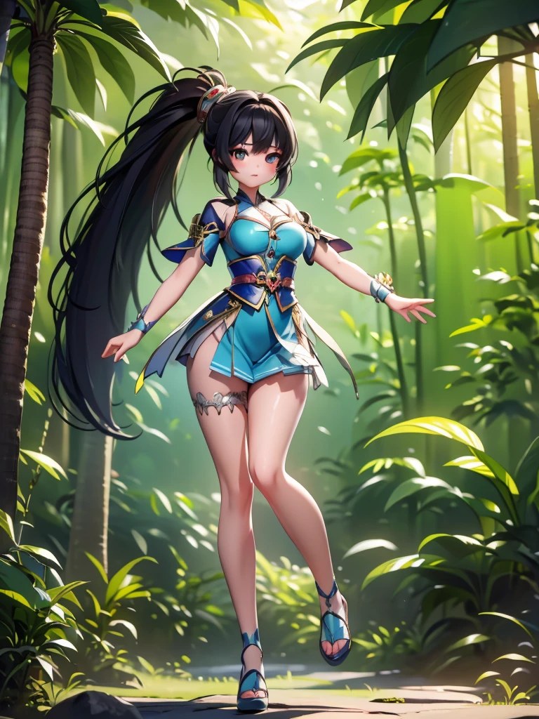 Seizo Watase style, Simple Line Initialism,Abstract art, 3d character, colorful hearts ,(((The most beautiful girl of all time))), (full body 1.2), only girl, 25 year old, full body, (((8k))),, (((3d))), long hair, black hair, jungle background, hair tied high, look from back