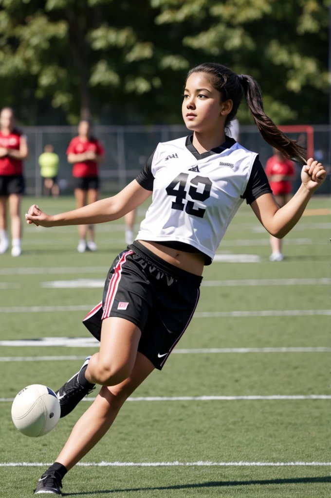 A girl playing flag football 