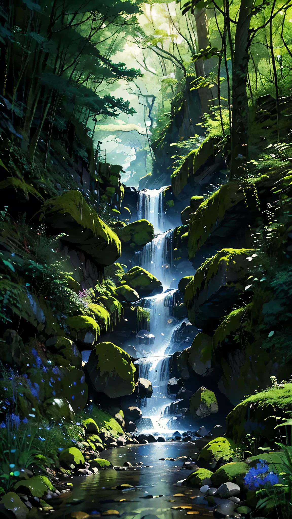 painting of a stream running through a green forest full of trees, detailed painting 4k, mountains river trees, Anime Landscape Wallpaper, Bela arte UHD 4K, anime rural landscape, detailed scenery - width 672, cute digital painting, highly detailed digital art in 4k, beautiful anime scenery, High-quality, detailed artwork in 8K, nature of anime wallpap, nature of anime