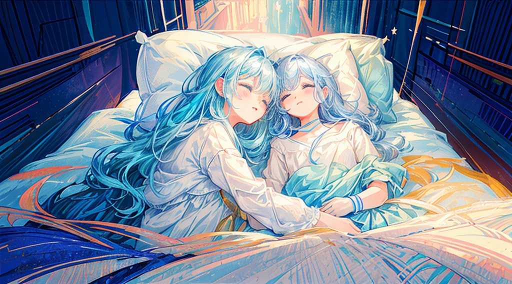 masterpiece, best quality, extremely detailed, (illustration, official art:1.1), 1 girl ,(((( light blue long hair)))), ,(((( light blue long hair)))),light blue hair,loli, long hair ((blush)) , cute face, , masterpiece, best quality,(((((a very delicate and beautiful girl))))),Amazing,beautiful detailed eyes,blunt bangs((((little delicate girl)))),tareme(true beautiful:1.2), sense of depth,dynamic angle,,,, affectionate smile, (true beautiful:1.2),,(tiny 1girl model:1.2),)(flat chest), complex background, wishing star background, a magical scene with shining stars and dreamlike elements, conveying the idea that the magic of Christmas awakens sleeping dreams. Make sure the elements give a dreamy feel. in bed, There are a lot of pillows, dreamy, comfortable, night time, crescent moon, Quiet nights,Comfortable beds,Cosy bedroom,Serene expression,gentlesoftlighting,dreamlike scenes,Cloud-like pillows,Starry curtain, portrait、 , ,,Sleep comfortably, Sleeping Cute Girl,nightcore, Anime girl sleeping  in clouds with stars,


