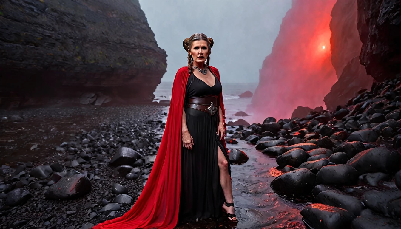 Carrie Fisher as a Viking princess, detailed face and features, walking on a path of wet black stones, between narrow slopes of black rocks, surrounded by red fog, ethereal atmosphere, cinematic lighting, photorealistic, (best quality,8k,highres,masterpiece:1.2),ultra-detailed,realistic,photo-realistic:1.37,dramatic lighting,moody,fantasy,concept art