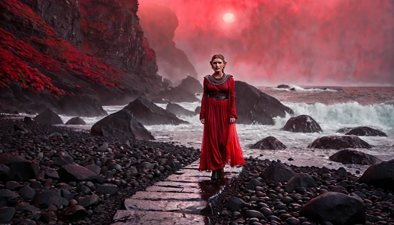 Carrie Fisher as a Viking princess, detailed face and features, walking on a path of wet black stones, between narrow slopes of black rocks, surrounded by red fog, ethereal atmosphere, cinematic lighting, photorealistic, (best quality,8k,highres,masterpiece:1.2),ultra-detailed,realistic,photo-realistic:1.37,dramatic lighting,moody,fantasy,concept art