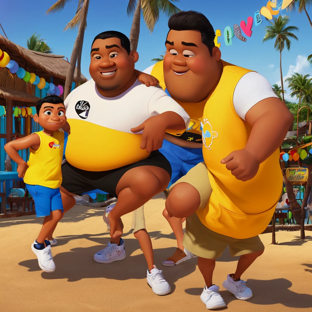 Disney Pixar 3D caricature, big head, Indonesian man, round face shape, fringe up, light brown skin color, fat, wearing a yellow project vest, white t-shirt with text ‘i love mabuk’, black shorts, wearing Air Jordan shoes, hands heart shape, droll face, beach background, photo studio lighting, 2k