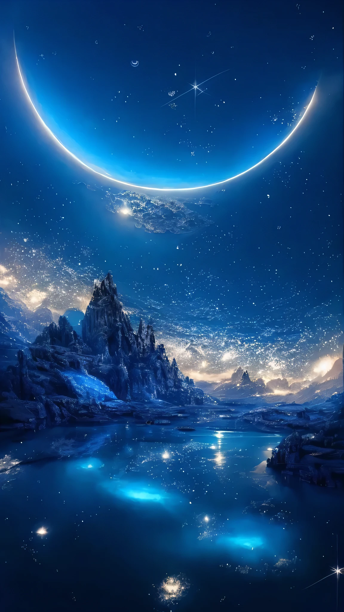 Lake view with moon and stars in the sky, Magnificent background, impressive fantasy landscape, alien breathtaking landscape, Beautiful alien landscape, Fantasy space, in the astral plane ) ) ), beautiful space, stunning alien landscape, magical scenery, detailed dreamscape, fantasy planet, very beautiful fantasy art, Art fantastique grand angle, breathtaking fantasy art, beautiful detailed fantasy