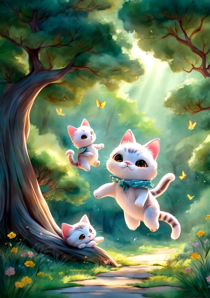 Fashion Watercolor,Picture book composition,Kitty Mimi and puppy Doudou playing in the forest,Kitten jumping on a branch,The puppy Doudou is chasing butterflies on the ground,The background is green forest and blue sky with white clouds,Perfect composition,Backlight,Ultra-clear
