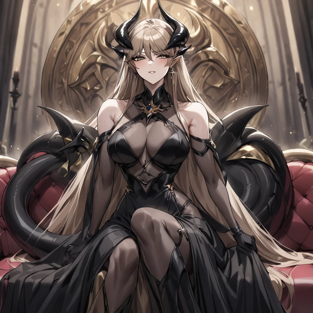 ((Highest quality)), ((masterpiece)), (detailed), （Perfect Face）、The woman is a jet-black devil、The woman is a jet-black female demon with magnificent demon horns and a jet-black tail, her skin is the same black as the Demon King, and she is wearing a seductive and luxurious jet-black dress of the Demon Queen. Her name is Princess Leona, a jet-black demon with medium-long light brown hair. The man and woman are cuddling happily on a large sofa.、The woman is sitting happily on a large sofa, snuggled up to her beloved husband, the powerful demon king.、A strong demon king is sitting on a large sofa in front of a luxurious demon altar, embracing his wife, the demon queen Leona.、The woman is holding a 