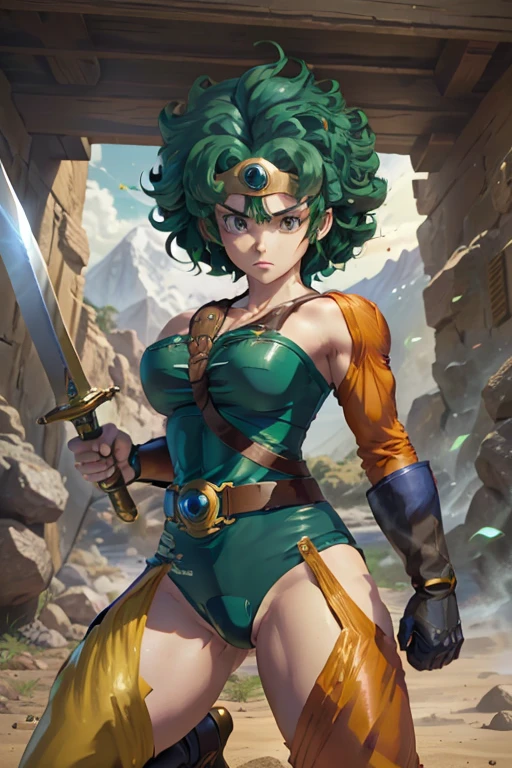 Anime Artwork Anime Artwork Masterpiece,Highest quality, Unreal Engine, Ultra-high resolution, Very detailed丸い胸, 1 person with medium chest, Waist, thin,(Muscular:0.9)
heroine,
Circlet, Curly Hair, Green Hair, short hair, Asymmetrical clothing, leotard, belt, One-handed gloves, Single Sleeve, Single Thigh High Cave, Holding a sword, . Anime Style, Key Visual, Vibrant, Studio Anime, Very detailed、Get down on one knee、Crippling、Hurt、Coming under attack