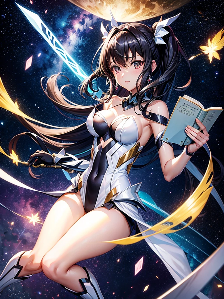 Highest quality,Highest Resolution,A beautiful girl in a metallic high-leg outfit, like Tsubasa Kazanari from Symphogear,Earth Behind,universe,Milky Way,Black Hair,Sword１I have a book,