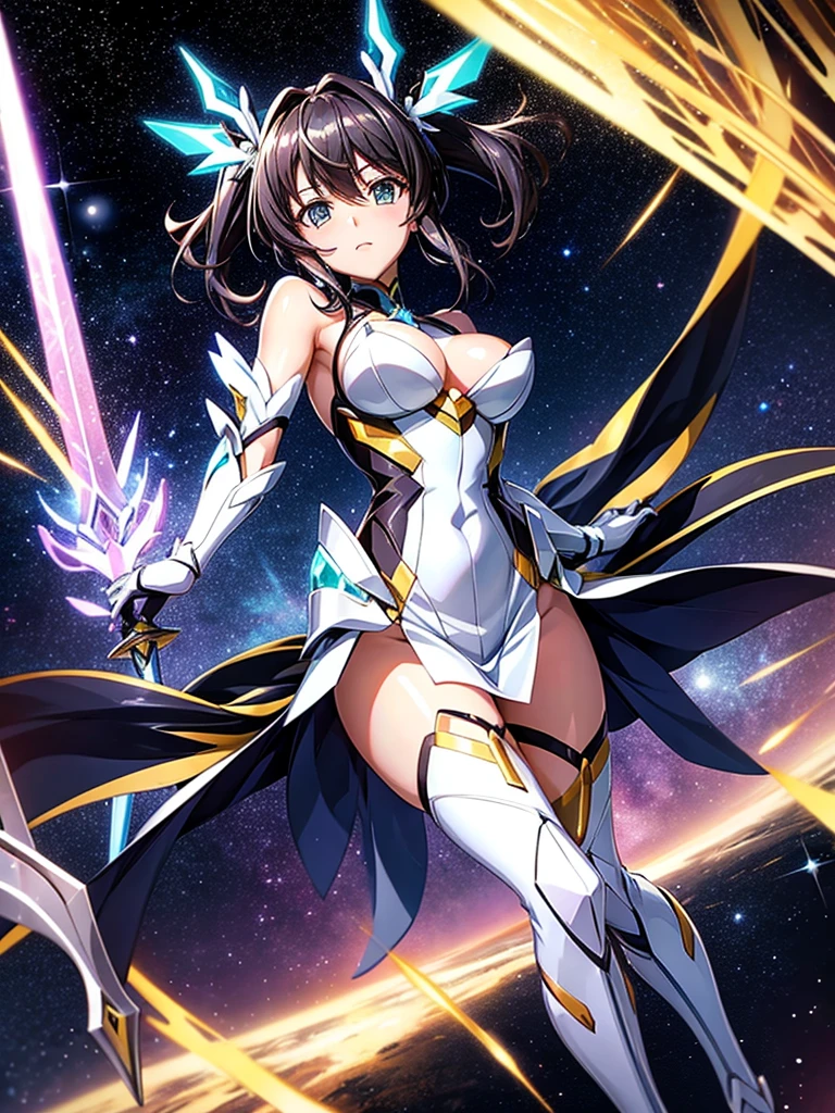 Highest quality,Highest Resolution,A beautiful girl in a metallic high-leg outfit, like Tsubasa Kazanari from Symphogear,Earth Behind,universe,Milky Way,Black Hair,Sword1I have a book,