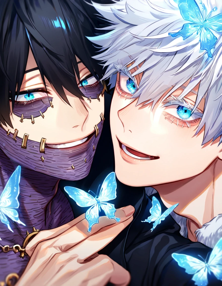 absurdres, highres, ultra detailed, HDR, master piece, best quality, extremely detailed face, delicated features, Dabi, black hair, expressive turquoise eyes, Boku No Hero Academia, Gojou Satoru, white hair, expressive blue eyes, white eyelashes, two sexy men together, yaoi, gay couple, handsome, smiling, blue jacket with fur, black coat, fantasy, magical, ice, blue fire, ice butterflies, snowflakes