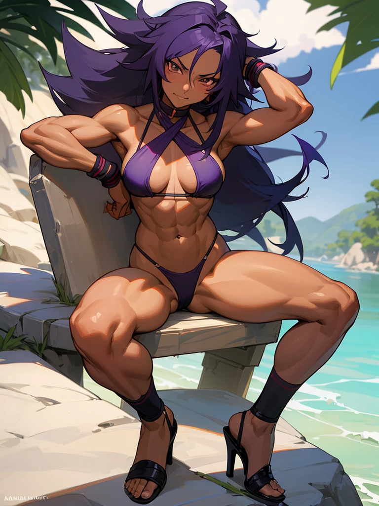 18 year old Yoruichi Shihōin from Bleach with tanned skin in a purple thong bikini flexing her muscles with her hands behind her head so they are not visible to pridefully show off her rock hard abs and sitting on her heels on a mountain ledge, highly detailed 