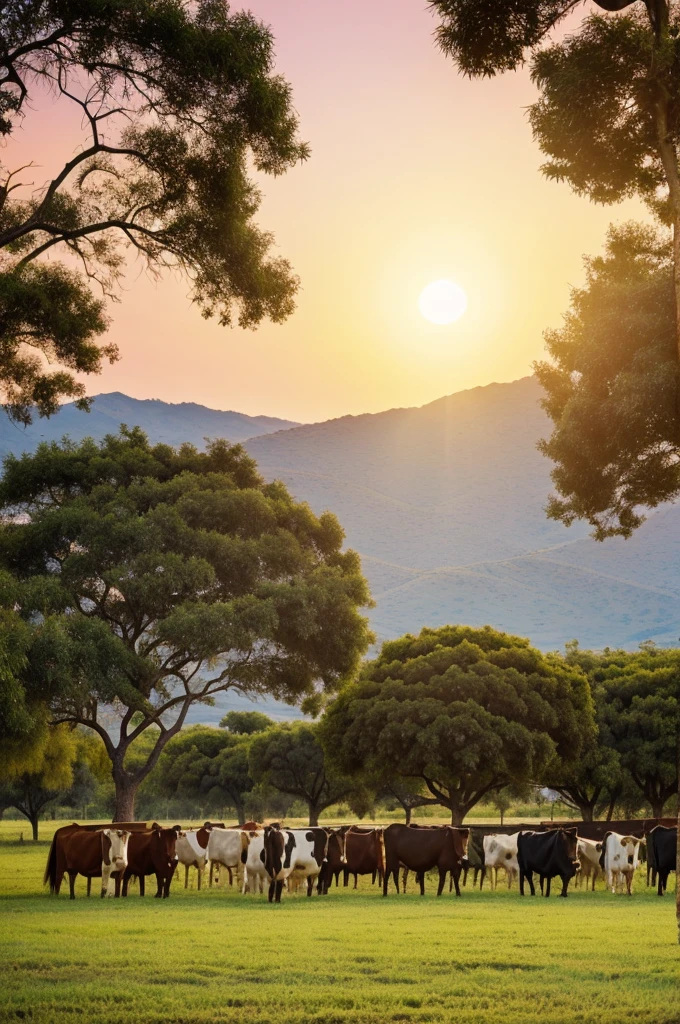 «the word Guardatinajas, vintage sunrise, mango trees, cattle, horses, cows, pastel colors, pretty short grass, t-shirt design, retro style»