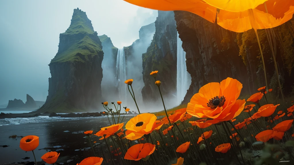 32k, Masterpiece, Highest quality, One girl, Detailed eyes, flower,Iceland Poppy, Orange and yellow style,A dreamy, romantic piece,Pale yellow, Mysterious Leaves,A playful arrangement,Fantasy,High Contrast,Ink strokes,explosion,Exposure, Impression of orange and yellow tones,Abstract,((Watercolours by John Berkey and Jeremy Mann )) Brush strokes,Negative Space, Tyndall effect,