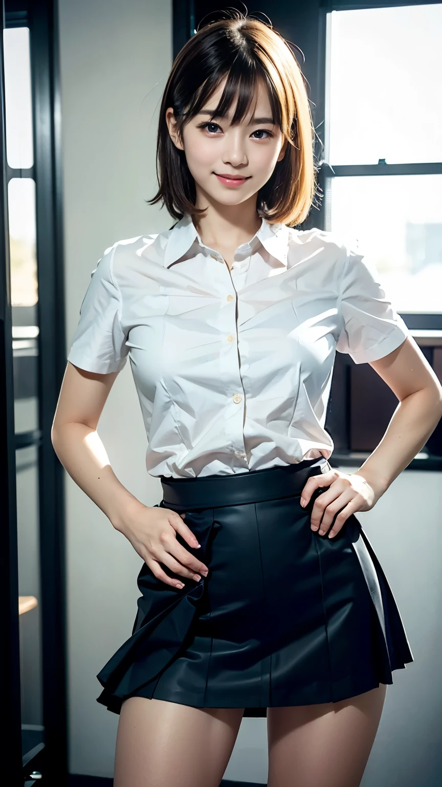 ((office)), lewd smile、(Realistic、Realistic:1.37)、(masterpiece)、(Highest quality:1.4)、(超A high resolution:1.2)、(RAW Photos:1.2)、(Sharp focus:1.3)、(Stand with hands on hips:1.2)、elegant、(Whole Body Ezbian:1.2)、(Collared shirt、Girl in a skirt:1.3)、Bangs、((Blonde)), Very cute Japanese girl、(A faint smile:1.3)、(Makes hair shine:1.3)、Short pleated skirt、Shooting from below、Beautiful and delicate eyes、