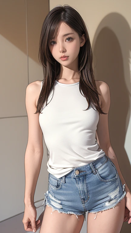 (masterpiece, Highest quality:1.2), One girl, alone, Are standing_Split, Long Hair, White sleeveless tank top, Blue Denim Shorts、Standing on one leg, masterpiece, anatomically correct, textured skin, high details, best quality, 16k