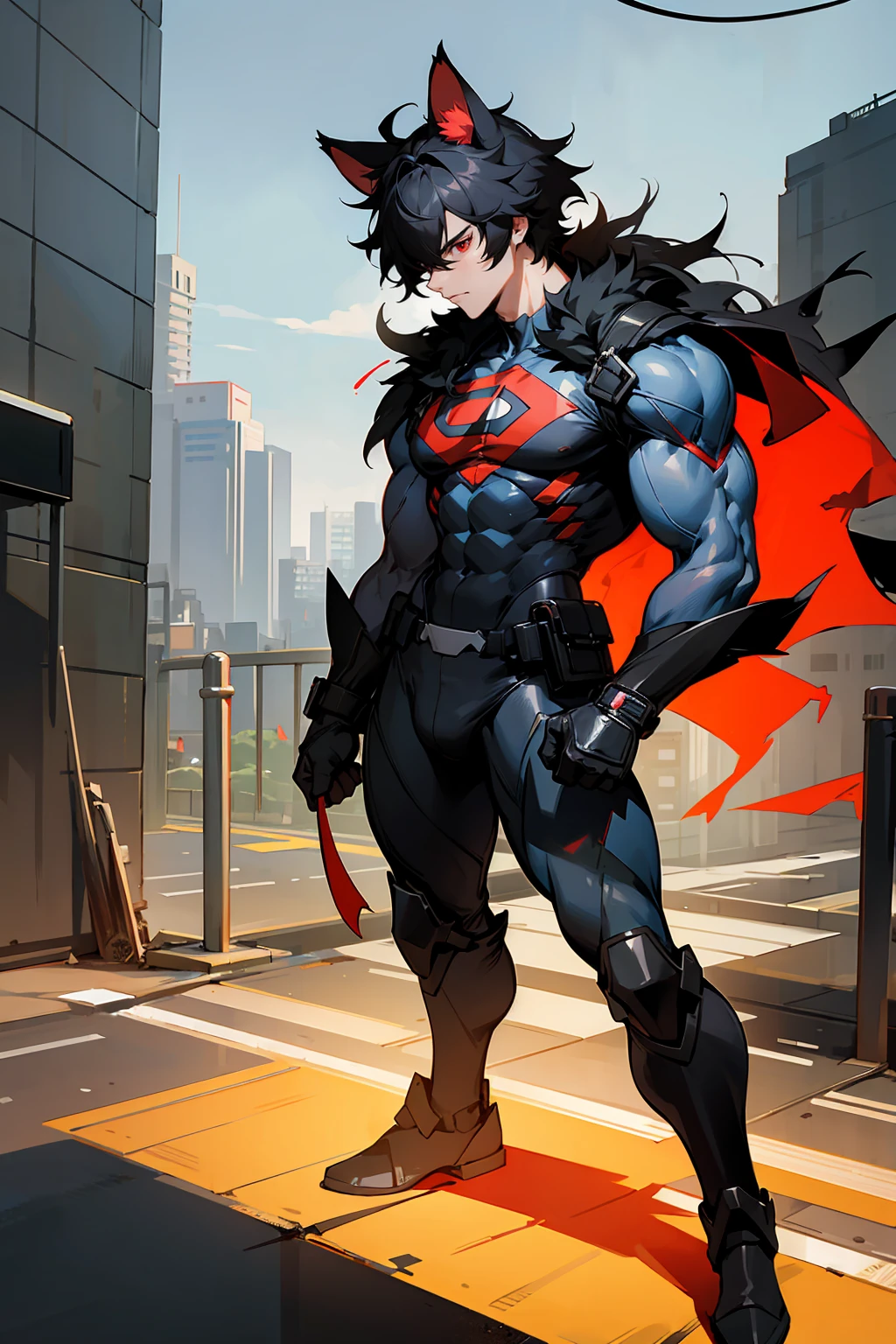 1male , Straight black hair , red Eyes , dog ears , Super hero combat clothing , messy hair, Standing on sidewalk , Modern city background , muscular