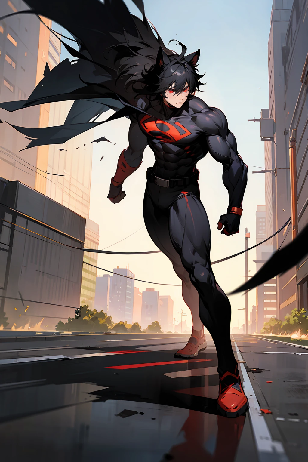 1male , Straight black hair , red Eyes , dog ears , Super hero combat clothing , messy hair, Standing on sidewalk , Modern city background , muscular
