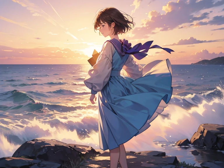 masterpiece, 1girl, cloud girl, from very side view, standing in the sky, thinking, Lovely, half-closed eyes, bob-cut hair, brown hair, pastel, pink and blue, close-up, bright, warm soft lighting, sunset, full body