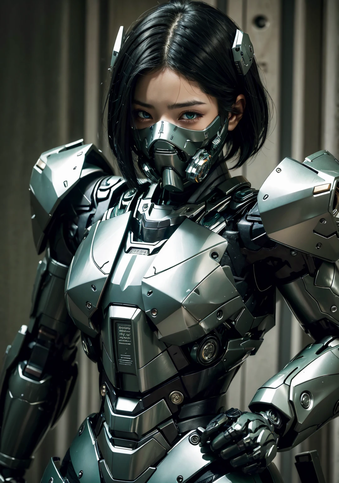 Textured skin, Super detailed, Attention to detail, high quality, 最high quality, High resolution, 1080P, hard disk, beautiful,(War Machine),beautifulサイボーグ女性,Mecha Cyborg Girl,Battle Mode,Girl with a mechanical body　Black Hair　Short Hair Boyish　Dark Green Armor　Soaked Face　Transformation complete　Met Off　Steam from the head　whole bodyから湯気が吹き出す　Feeling facial expression　Open your mouth wide　Close-fitting headgear　Long nozzle gas mask　front　whole body