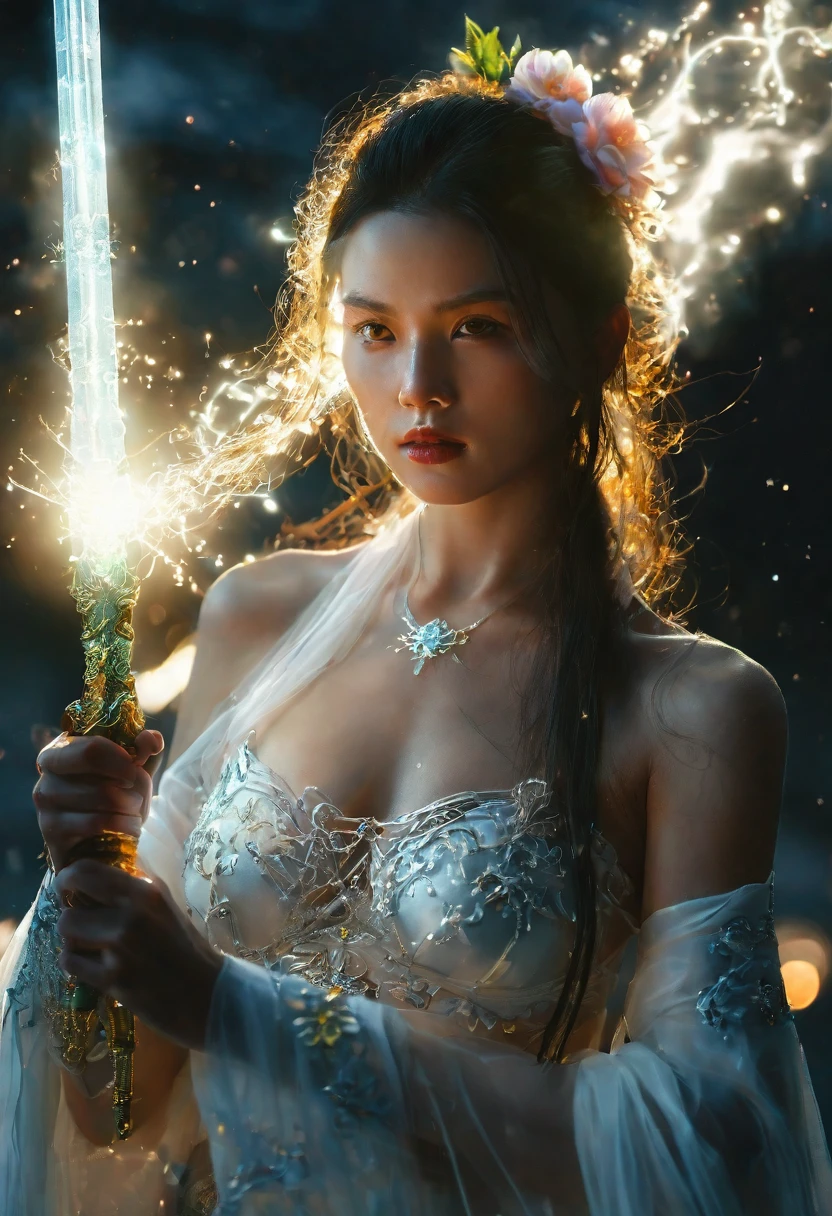 Female swordsman topless photography (Supermodel)，long hair, detailed face (Beautiful), atomic Correct,Raw, Lenses, (Clear focus:1.5), (Reality:1.4), Dusk lighting, Volumetric Lighting, Ultra-high resolution, 16K,Dramatic Lighting, White background：1.5），Glowing sword,(fighting stance),Hold the sword hilt tightly in your hand，1 sword，Solitary，（Zentangle，Mandala，Tangles，Entanglement：0.7） , Depth of Field, Dreamy atmosphere, The most beautiful form of chaos, grace, Brutalist design dark theme, Flower of Death, Flowers of ecstasy，glowing line,Glow Example，Tracking example，flash， Backlight，translucent，Light Particles，exit，xianxia