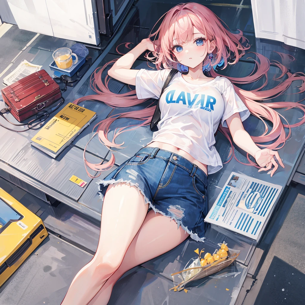 8K high quality,1 pretty girl,Short sleeve,Denim skirt